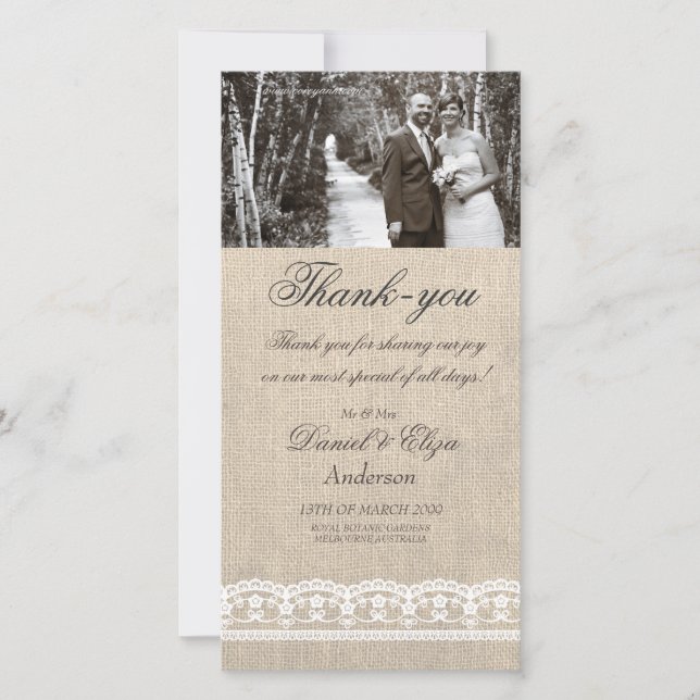 Burlap & Lace Wedding Thank You Photo Card (Front)