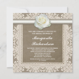 burlap lace & white rose bridal shower invitations