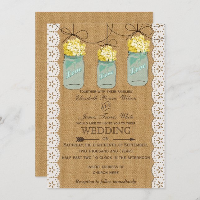 Burlap Lace yellow hydrangeas mason jars invites (Front/Back)