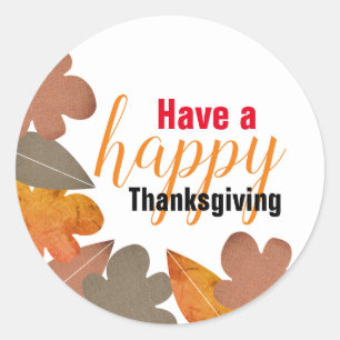 Burlap Leaf, Happy Thanksgiving Classic Round Sticker