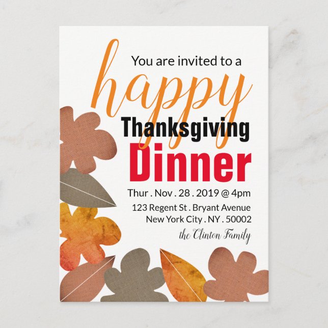 Burlap Leaf, Happy Thanksgiving Dinner Invitation Postcard (Front)