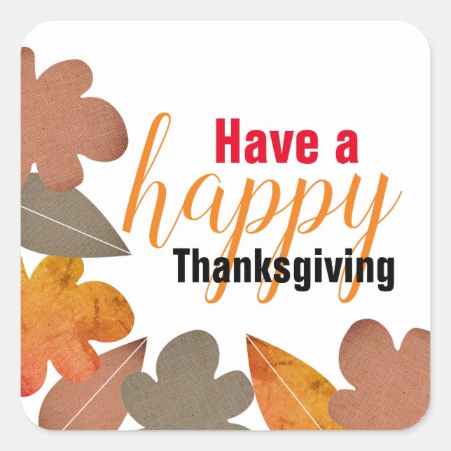 Burlap Leaf, Happy Thanksgiving Square Sticker (Front)