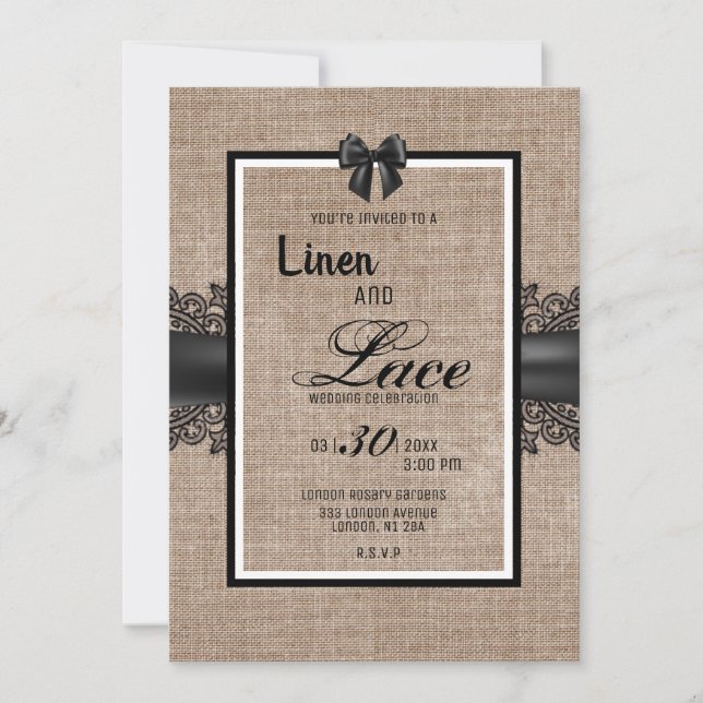 Burlap, Linen and lace wedding ceremony invitation (Front)