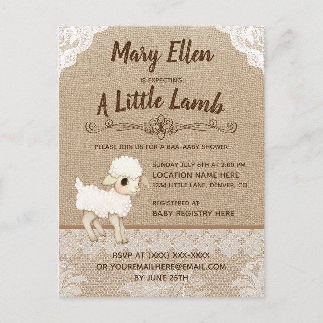Burlap Little Lamb Baby Shower Invitation Postcard (Front)