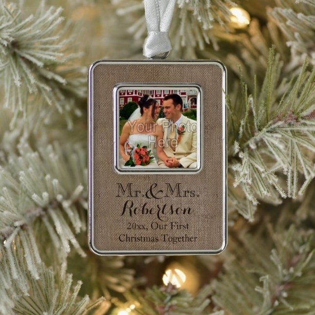 Burlap-Look Rustic Wedding Couple First Christmas Silver Plated Framed Ornament (Tree)