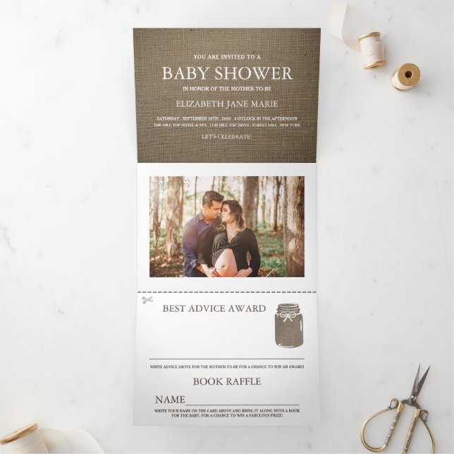 Burlap Mason Jar, Baby Shower Suite Tri-Fold Invitation (Inside)