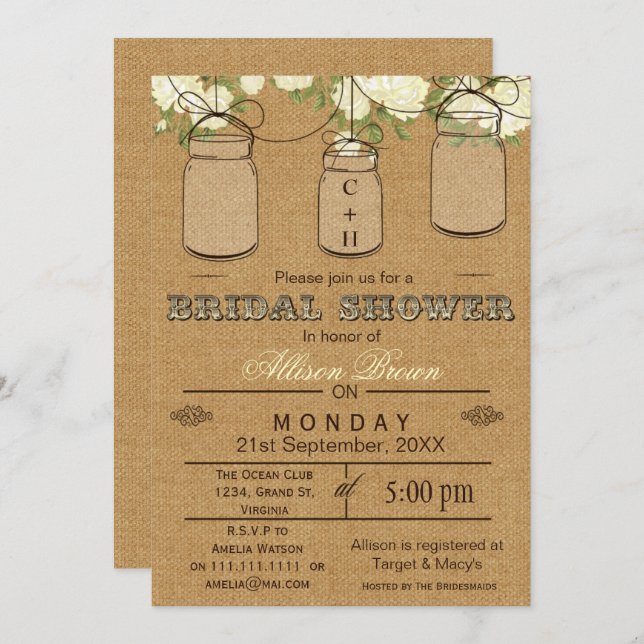 Burlap , mason jars, rustic bridal shower Invites (Front/Back)