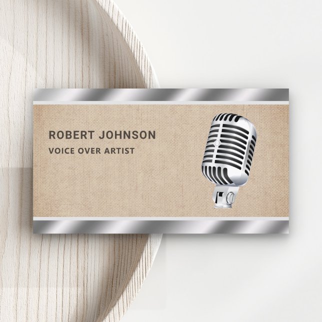 Burlap Metallic Microphone Voice Over Artist Business Card (Creator Uploaded)