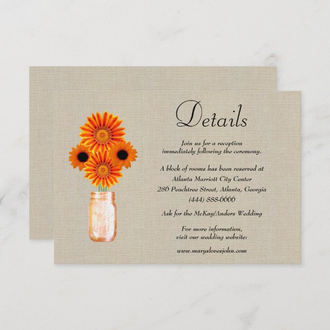 Burlap Orange Floral Mason Jar Wedding Details Enclosure Card (Front/Back)