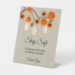Burlap Orange Floral Mason Jar Wedding Safety  Pedestal Sign