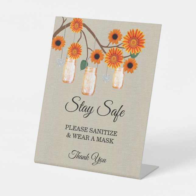 Burlap Orange Floral Mason Jar Wedding Safety  Pedestal Sign (Front)