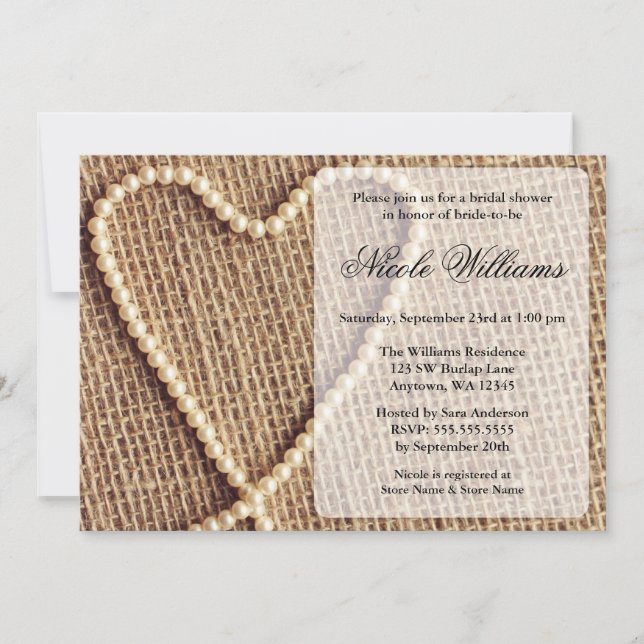 Burlap Pearl Heart Bridal Shower Invitations (Front)