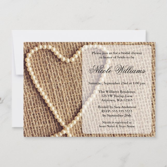 Burlap Pearl Heart Bridal Shower Invitations (Front)