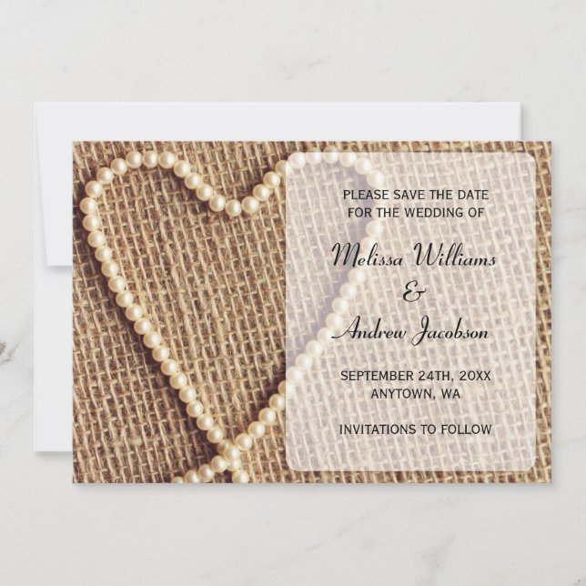 Burlap Pearl Heart Save the Date Announcement (Front)