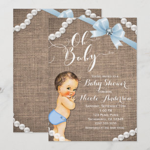 Burlap & Pearls Blue Bow Brunette Baby Boy Shower Invitation