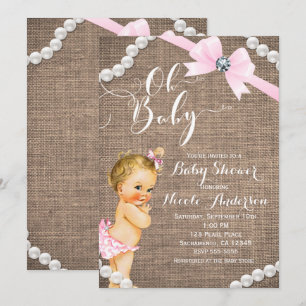 Burlap & Pearls Pink Bow Blonde Baby Girl Shower Invitation