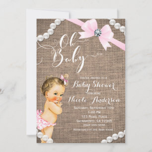 Burlap & Pearls Pink Bow Brunette Baby Girl Shower Invitation