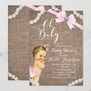 Burlap & Pearls Pink Bow Brunette Baby Girl Shower Invitation