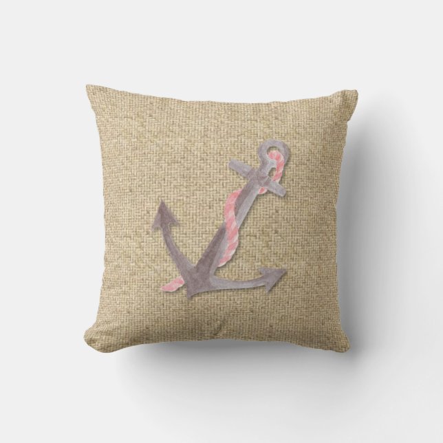 Burlap pink boat anchor decorative pillow (Front)