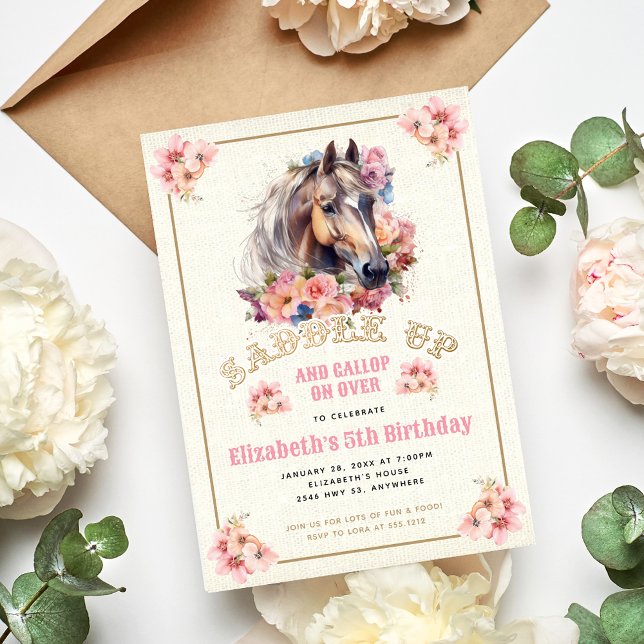 Burlap Pink Floral Horse Birthday Party Invitation (Creator Uploaded)