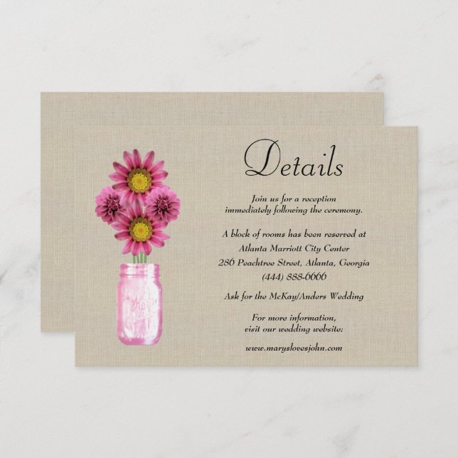Burlap Pink Floral Mason Jar Wedding Details Enclosure Card (Front/Back)