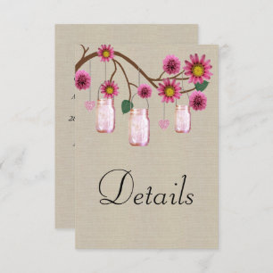 Burlap Pink Floral Mason Jars Wedding Details Enclosure Card