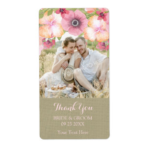 Burlap Pink Floral Photo Wedding Label