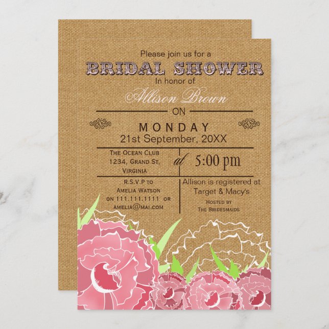 Burlap , pink floral, rustic bridal shower Invites (Front/Back)