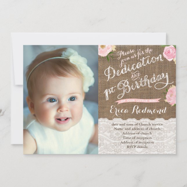 Burlap Pink Flowers Dedication 1st Birthday Party Invitation (Front)