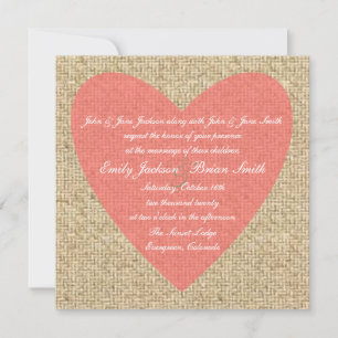 Burlap pink heart rustic wedding invitations