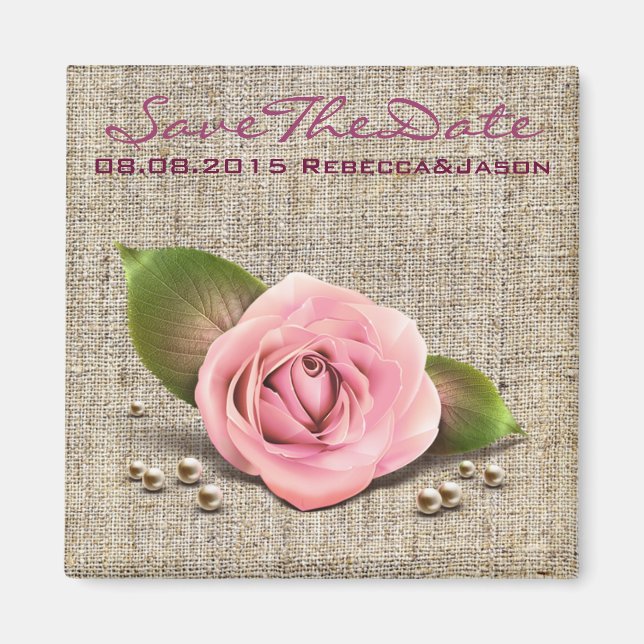 burlap pink rose rustic country spring wedding magnet (Front)