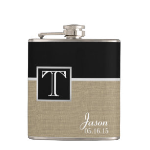Burlap Print and Monogram Hip Flask