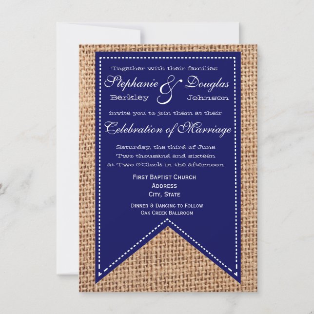 Burlap Print Blue Rustic Wedding Invitations (Front)