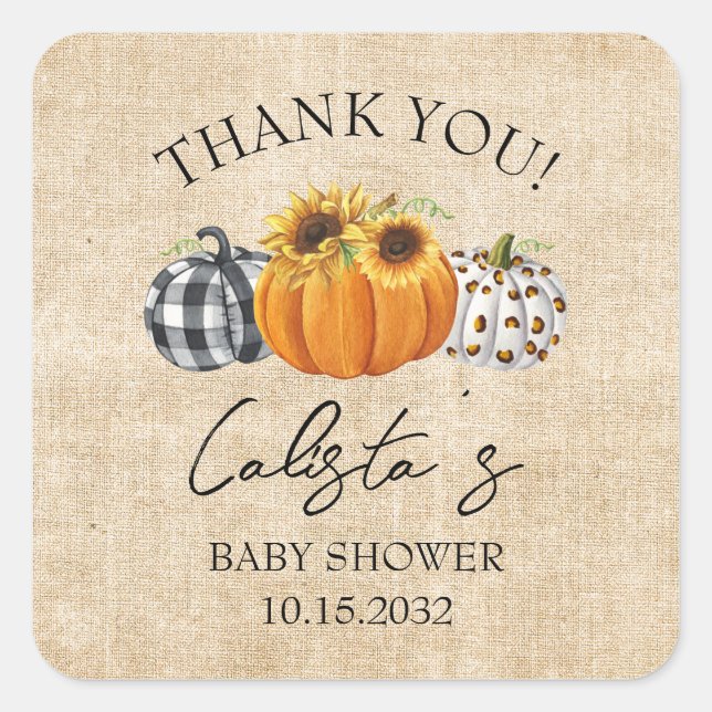 Burlap Pumpkin & Sunflower Baby Shower Thank You Square Sticker (Front)