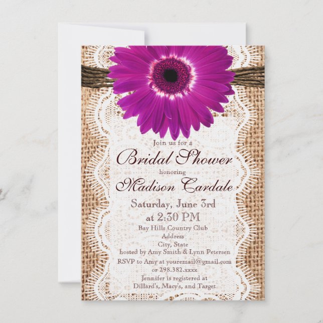 Burlap Purple Daisy Bridal Shower Invitations (Front)