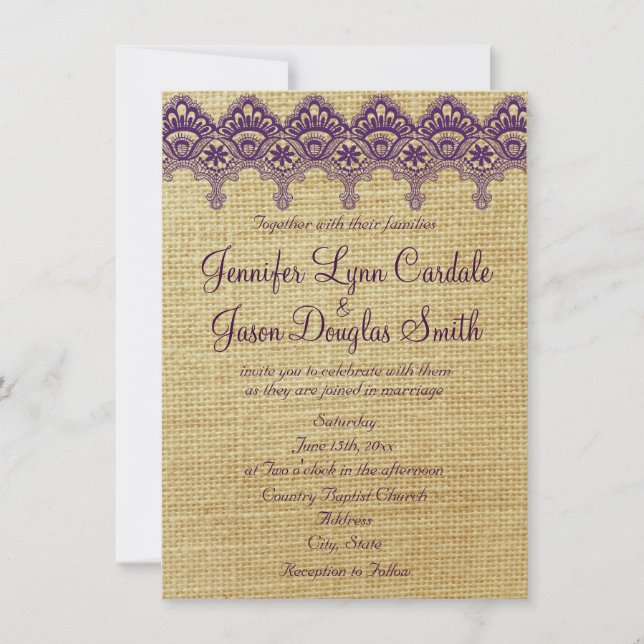 Burlap Purple Damask Lace Wedding Invitations (Front)