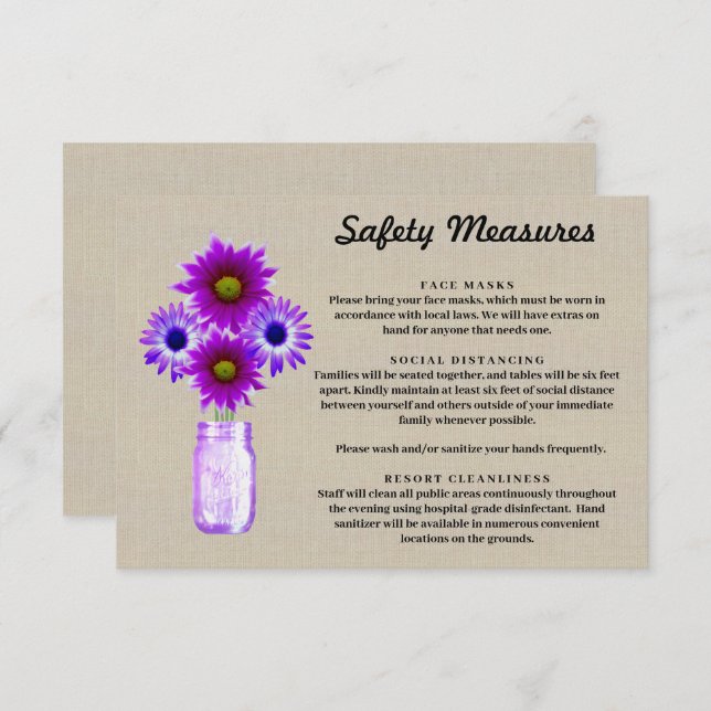 Burlap Purple Floral Mason Jar Safety Measures Enclosure Card (Front/Back)