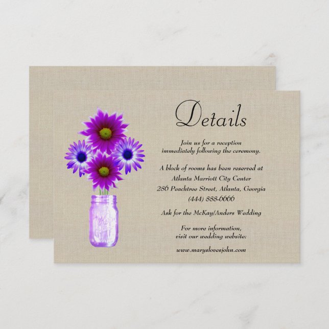 Burlap Purple Floral Mason Jar Wedding Details Enclosure Card (Front/Back)