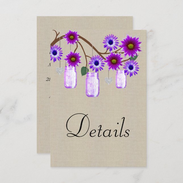 Burlap Purple Floral Mason Jars Wedding Details Enclosure Card (Front/Back)