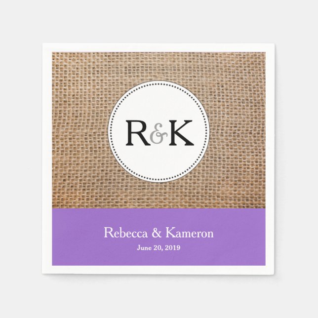 Burlap & Purple Monogrammed Wedding Napkin (Front)