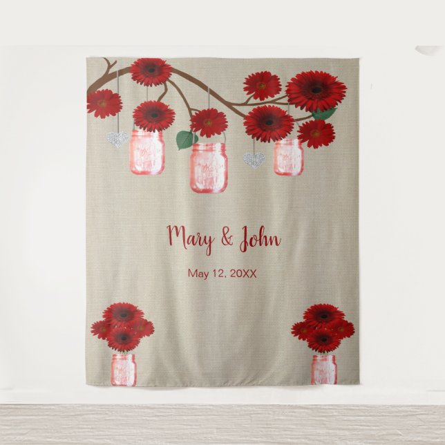 Burlap Red Floral Mason Jars Photo Backdrop Tapestry (Front)