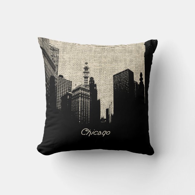 Burlap Retro Chicago Cushion (Front)