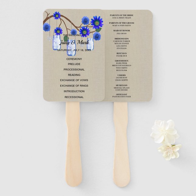 Burlap Rustic Blue Floral Mason Jars Wedding Hand Fan (Front and Back)