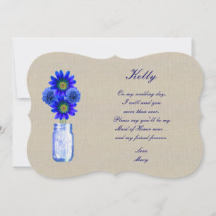 Burlap Rustic Blue Mason Jar Maid Of Honour Card