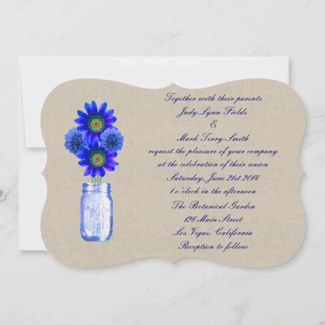 Burlap Rustic Blue Mason Jar Wedding Invitation (Front)