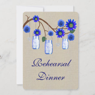 Burlap Rustic Blue Mason Jars Rehearsal Dinner Invitation