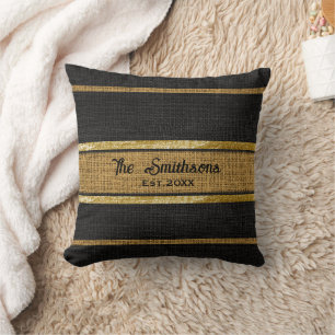 Burlap Rustic Brown Black Gold Custom Family Name Cushion