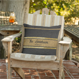  Burlap Rustic Brown Black Gold Custom Family Name Cushion