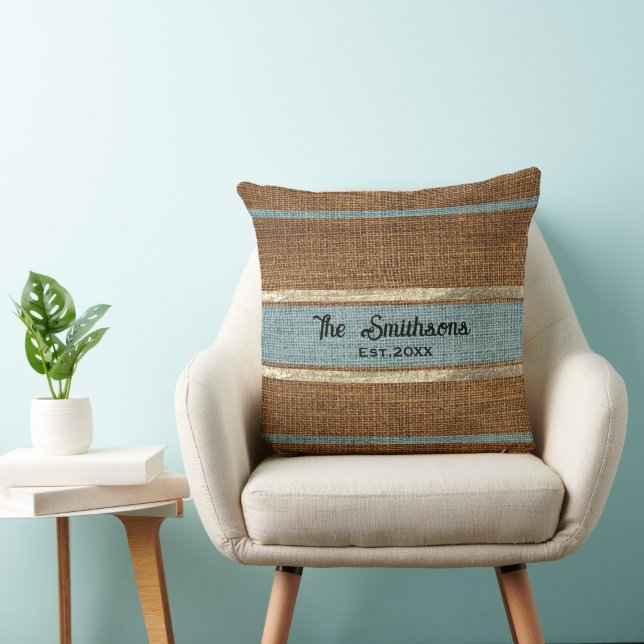  Burlap Rustic Brown Sage Green Custom Family Name Cushion (Chair)