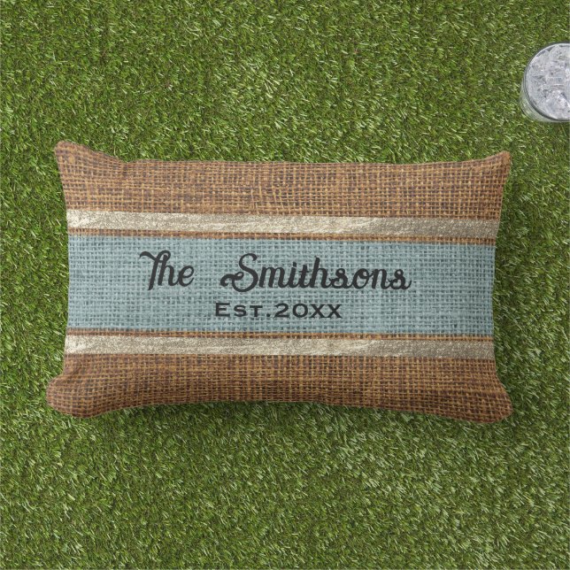  Burlap Rustic Brown Sage Green Custom Family Name Lumbar Cushion (Grass)